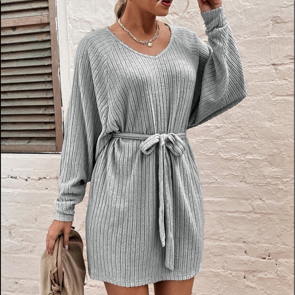 Comfy Relaxed Fit Long Sleeve Belted Tee Dress - Picture 1 of 13